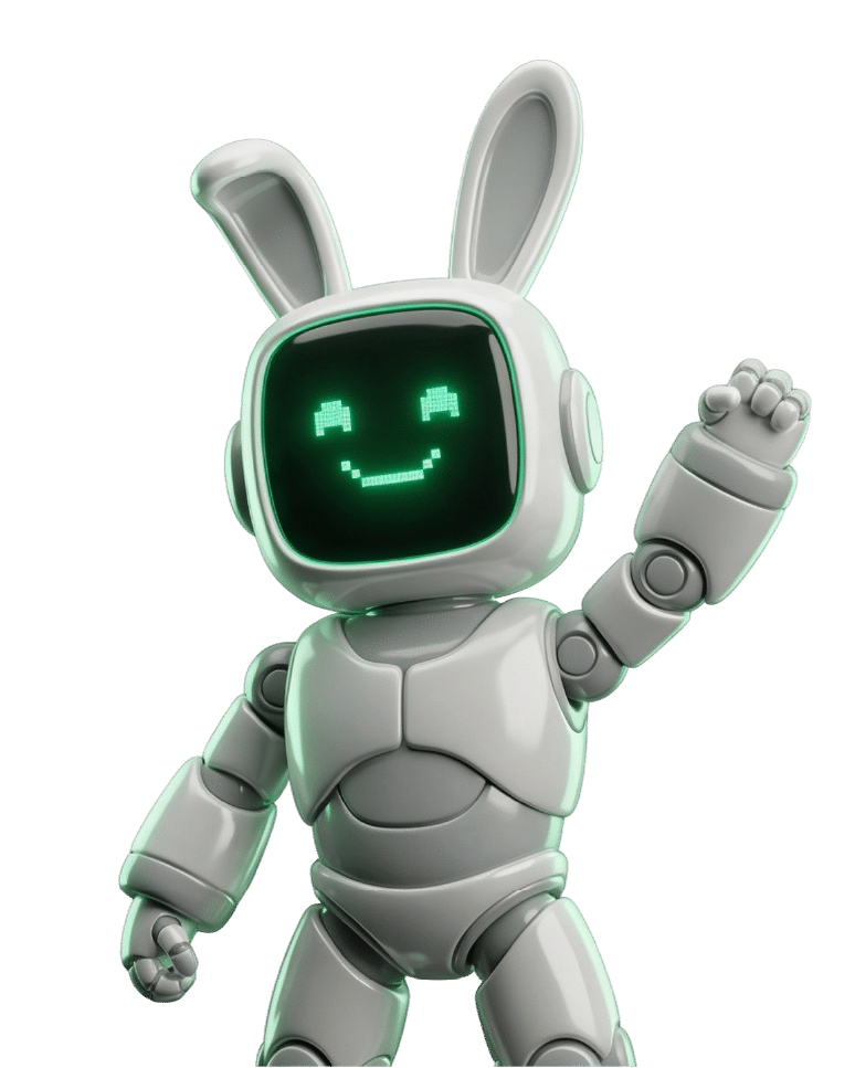Mascotte Renuwo - Robot coniglio rappresentante l'hardware ricondizionato aziendale