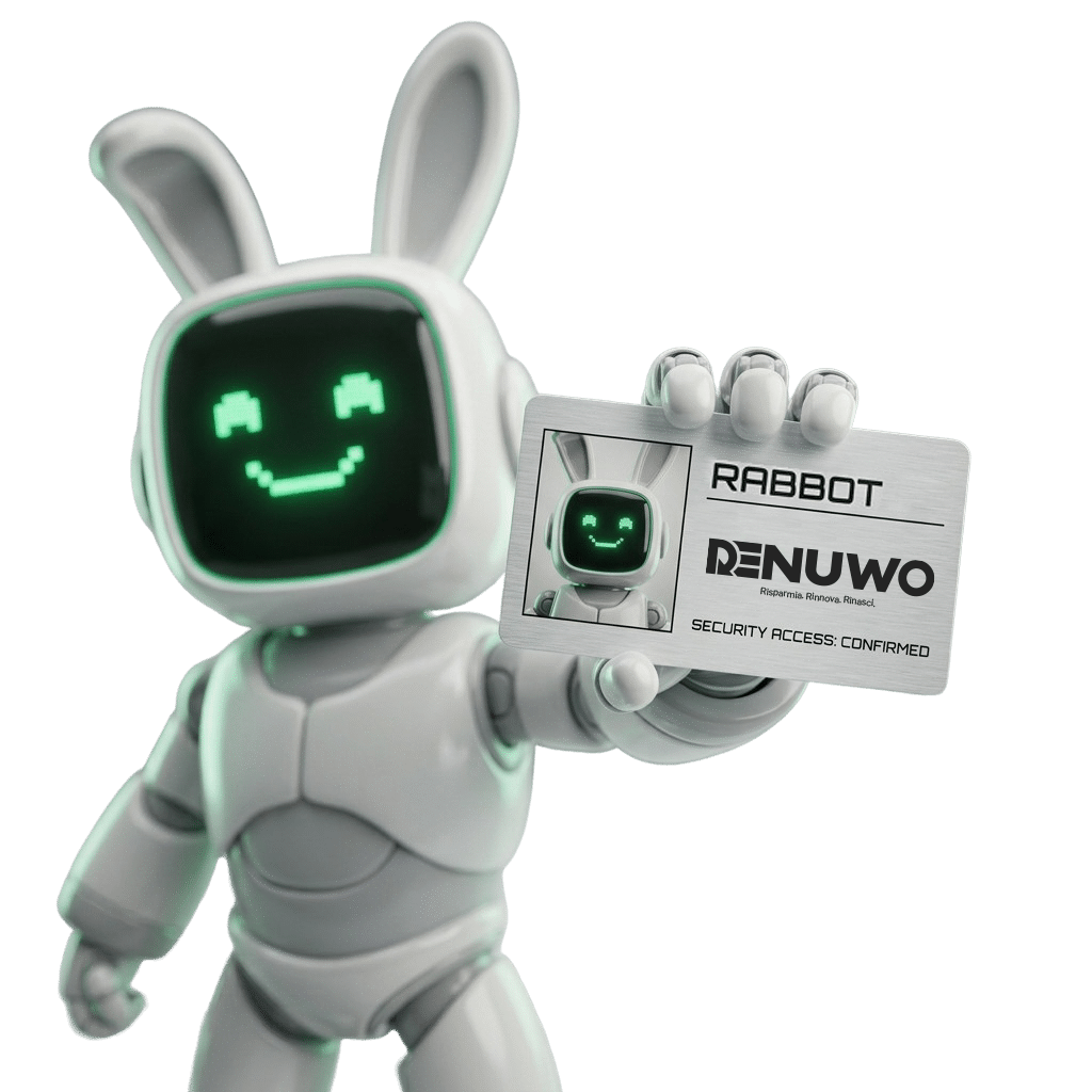 Mascotte Renuwo - Robot coniglio con tesserino identificativo Agent-001 Rabbot