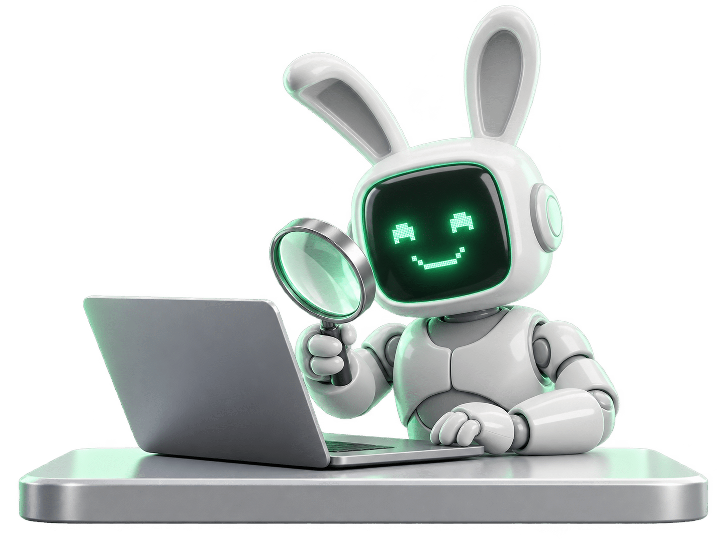 La mascotte robot di Renuwo ispeziona un notebook con una lente di ingrandimento